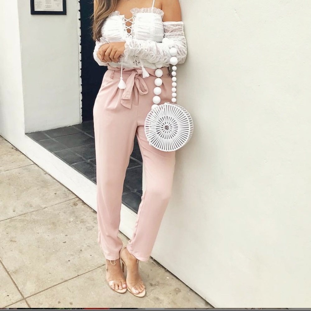 High Waist Paper Bag Trouser Pants in Blush